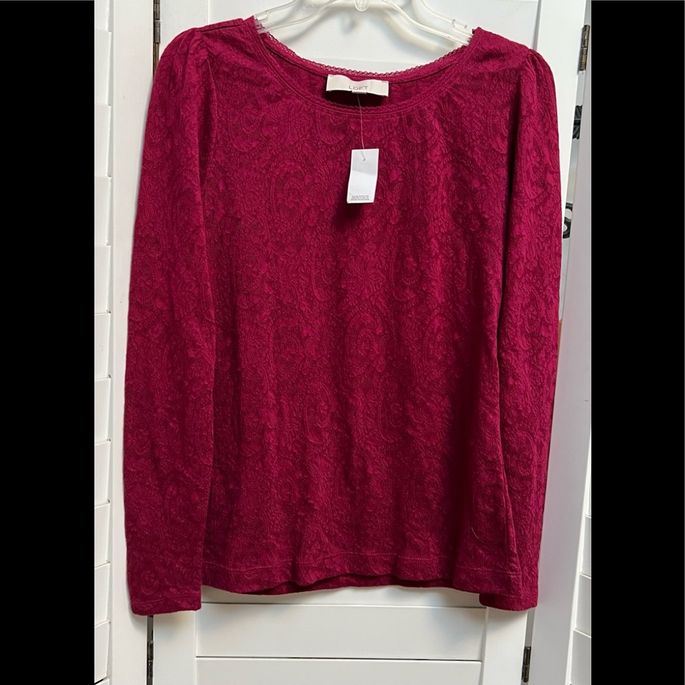 TOP by LOFT SIZE S, LONG SLEEVE, ROUND LACE TRIM COLLAR, WINE COLOR, NWT